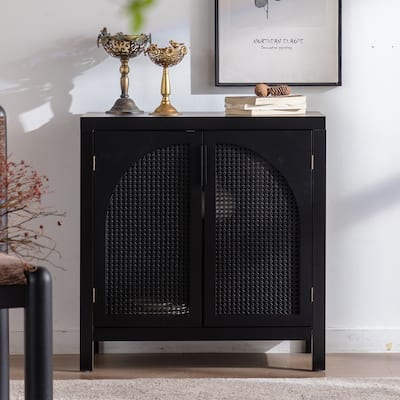 Black Accent Cabinet with Doors, Rattan Sideboard Buffet Cabinets with Storage,29 Inch Narrow Credenzas Storage Cabinet