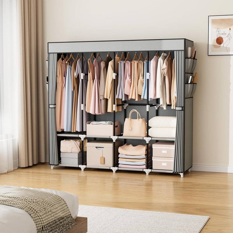 Portable Hanging Closet 67 Inches Wide, 4 Storage Shelves and 4 Hanging Rods for Bedroom Closets