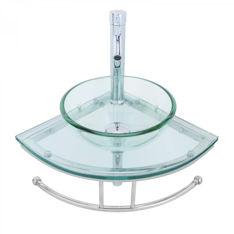 Talula Clear Glass Corner Round Wall Mounted Vessel Sink with Chrome Faucet, Drain and Towel Bar
