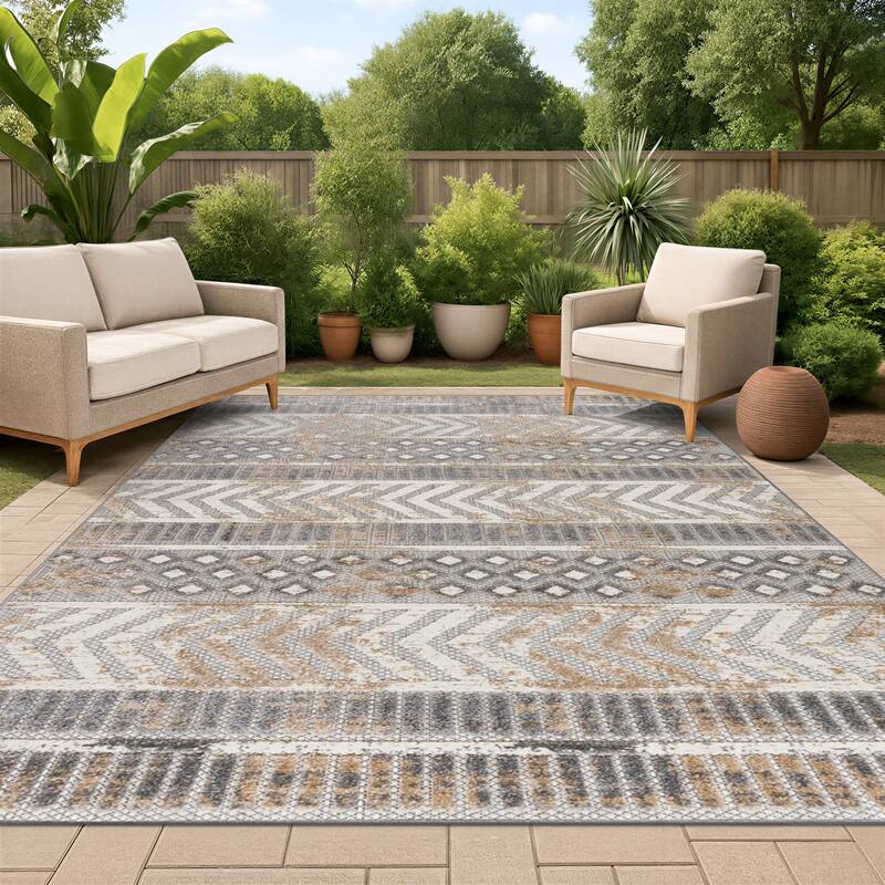 World Rug Gallery Distressed Geometric Indoor/Outdoor Area Rug - 12' x 15' - Beige