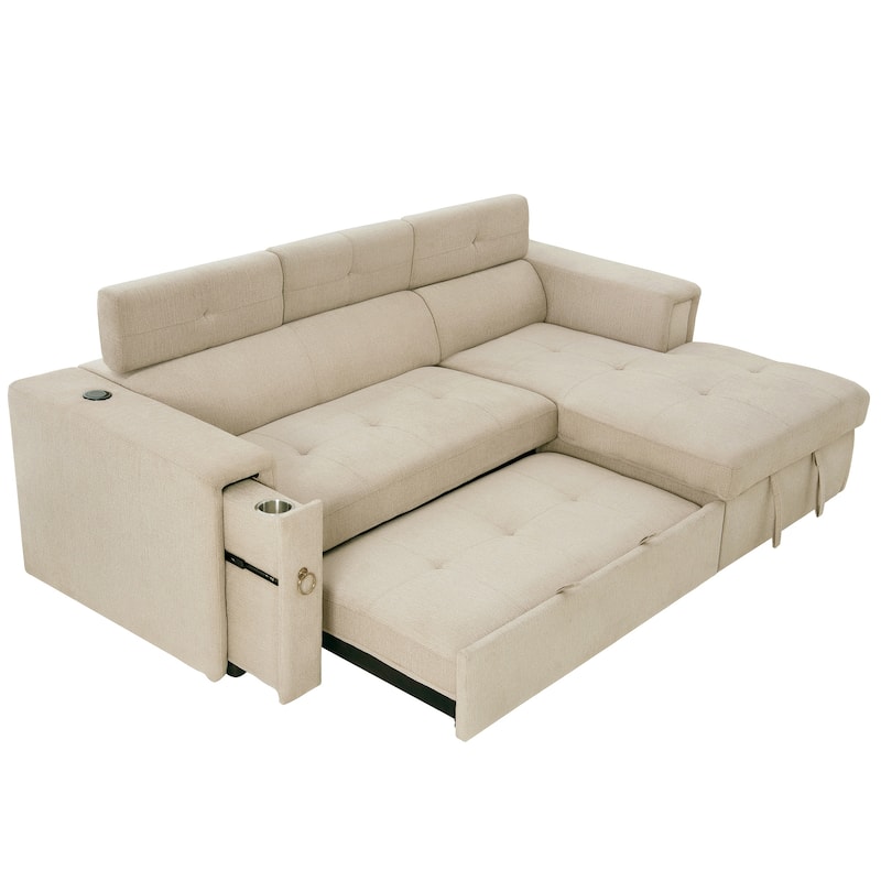 96" L-Shaped 3-Seat Sectional Sofa with Pull-Out Bed, Wireless Charging, and Hidden Storage with Cup Holders