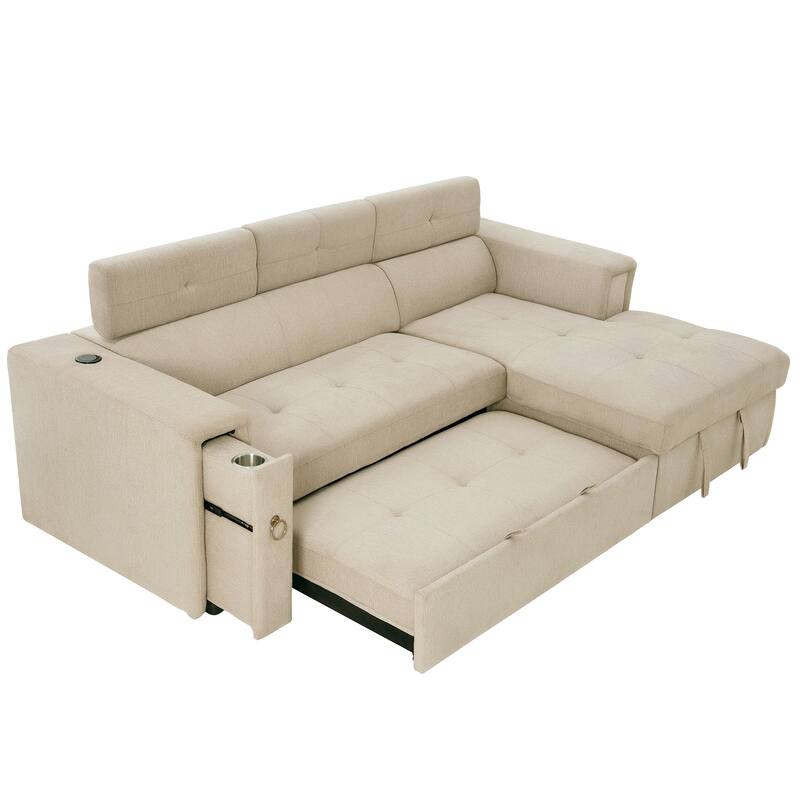 96" Linen L-Shaped Sectional Sofa Bed with Adjustable Headrest, Wireless Charging and Hidden Storage