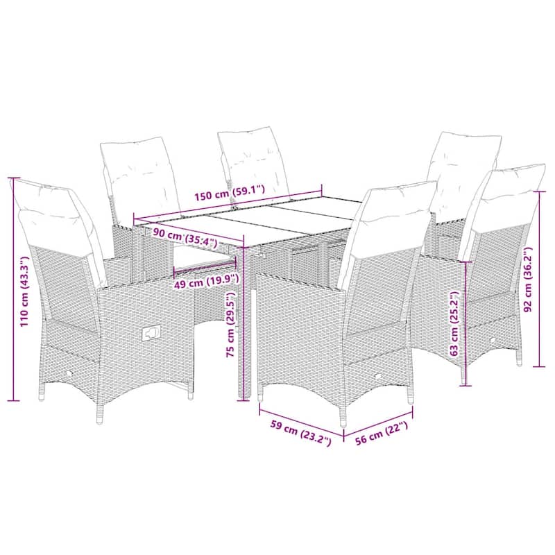 vidaXL Patio Dining Set with Cushions Bistro Futniture Set Black Poly Rattan - 22.0 x 23.2 x 36.2
