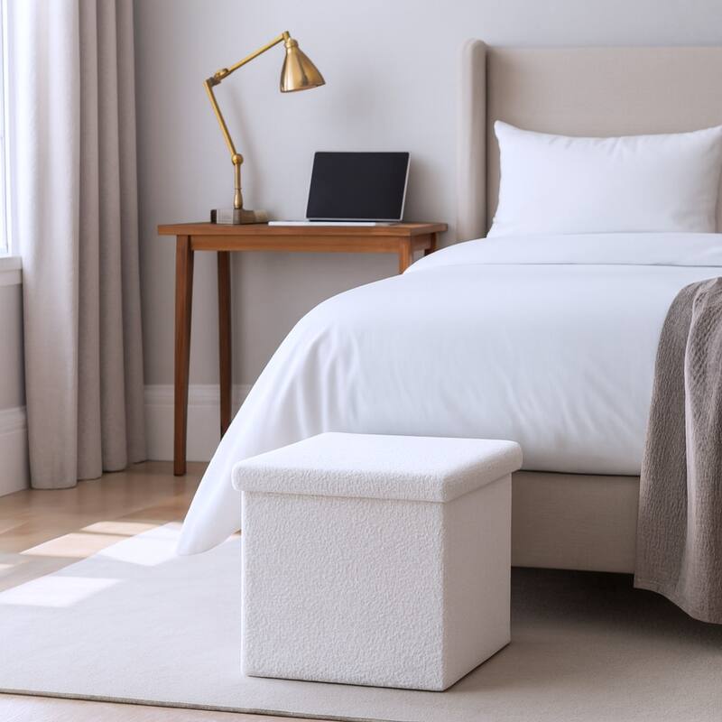 HomeRoots 12" White Boucle Cube Storage Ottoman - White