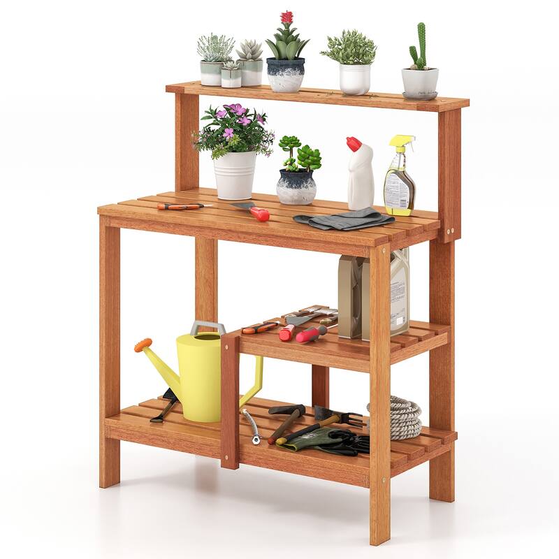 Gymax Outdoor Potting Bench Table w/Open Shelves Teak Oil Finish - Brown