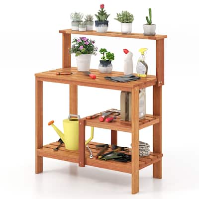 Gymax Outdoor Potting Bench Table w/Open Shelves Teak Oil Finish