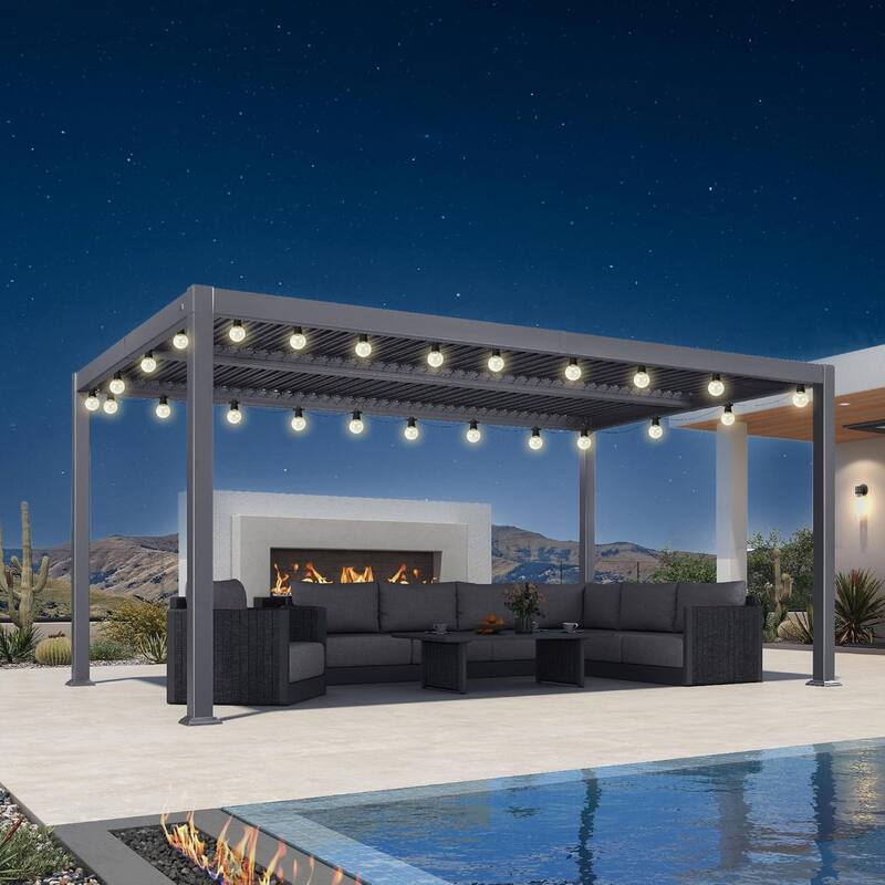 PURPLE LEAF Grey Louvered Sun Shade Pergola - Adjustable Metal Roof for Patio Hardtop Pergola - 10' x 16' - Grey(With Light)