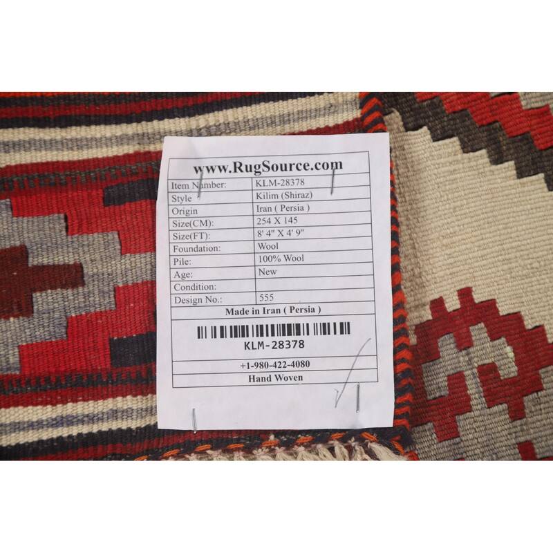 Geometric Kilim Shiraz Persian Area Rug Hand-Woven Wool Carpet - 4'9" x 8'4"