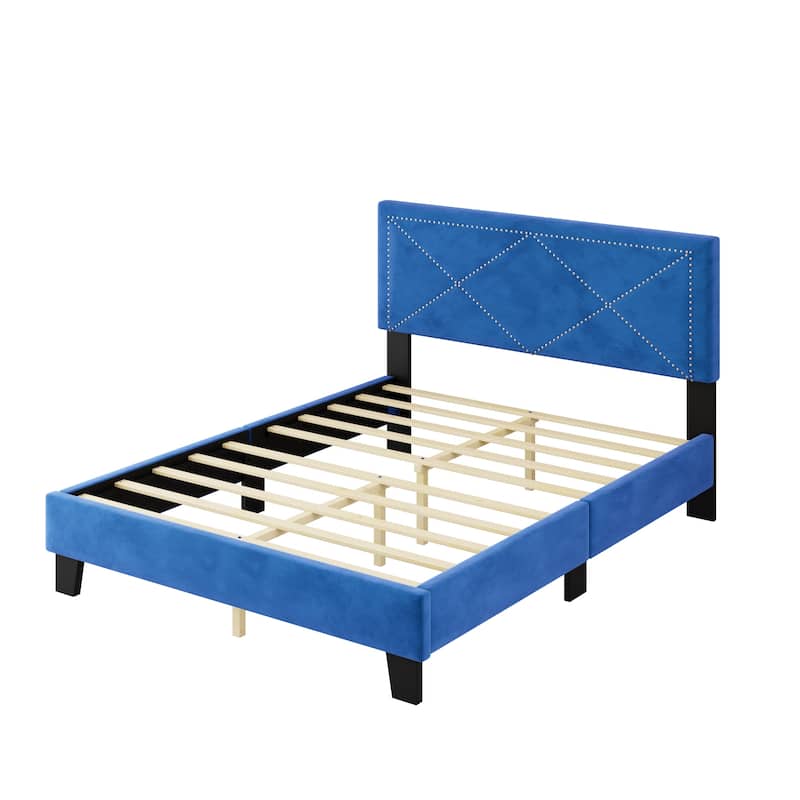 Elegant Upholstered Queen Bed Frame With Rivet Design, Velvet Platform Bed With Tufted Headboard