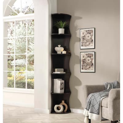 Five Shelf Corner Bookcase Rounded Shelf Fronts Quarter Circle Red Cocoa Color