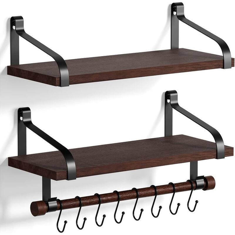 Floating Shelves for Coffee Bar,Bathroom Shelves with 8 Hooks - 7.3"D x 17.3"W x 8.27"H - Dark Walnut