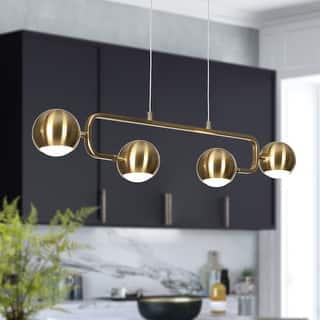 Modern 4-Light Gold Brass LED Chandelier Metal Linear Island Lights for Dining Room