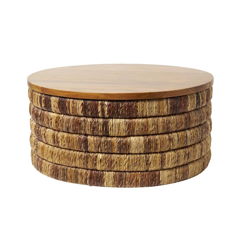 Seagrass Handmade Linear Wrapped Side End Accent or Coffee Table with Teak Wood Top - Brown - Roche River Décor
