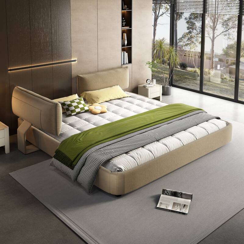 King Size Cloud Bed Frame with Oversized Padded Movable Headboard, Chenille Upholstered Bed with Round Corner