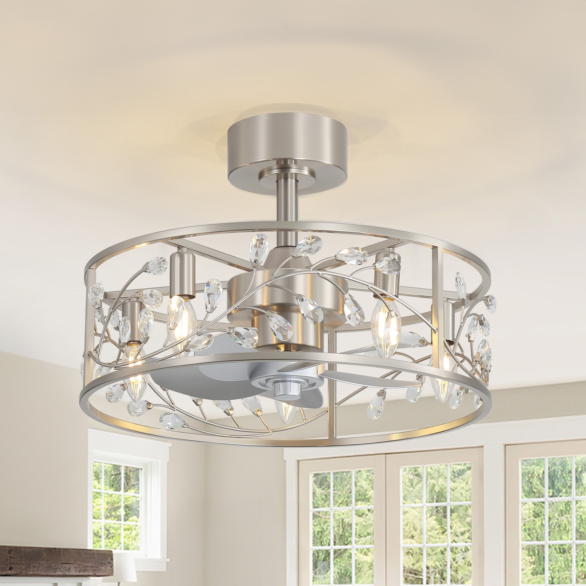 11.8"/18.5"/20"/28" Caged Ceiling Fans with Light, Remote Control, Ultra Quiet DC Motor, Satin Nickel/Balck, Low Profile