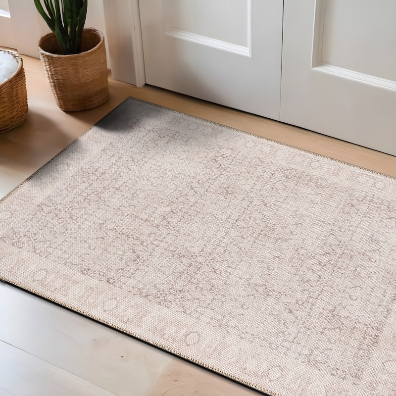 Beige Vintage Washable Rug - Low Pile, Subtle Pattern for Neutral Spaces - Beige - 2' x 3'
