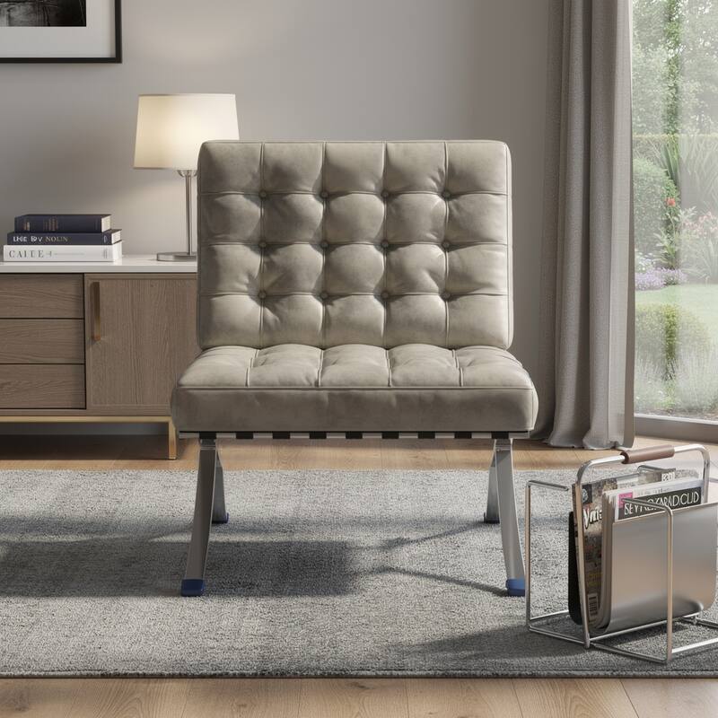 HomeRoots 30" Gray and Silver Tufted Faux Leather and Stainless Steel Folding Lounge Chair - 30.00 in. x 30.00 in. x 31.00 in. - 30.00 in. x 30.00 in. x 31.00 in.