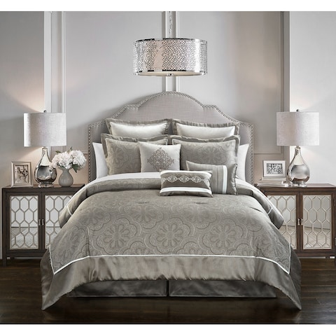 Chic Home Merielle 13 Piece Jacquard Design Solid Border Comforter Set, Grey
