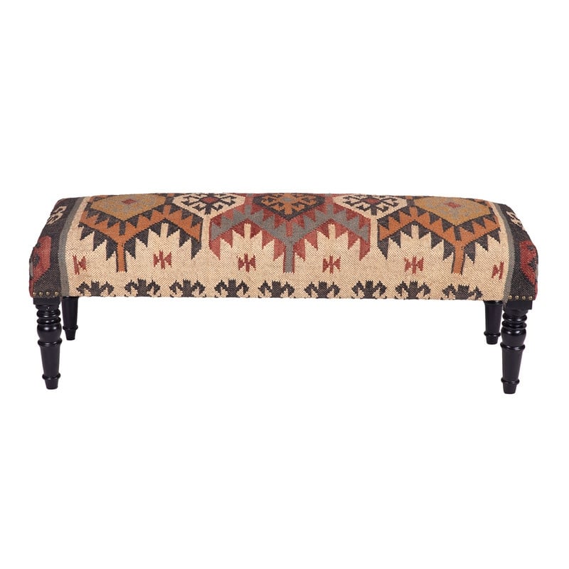 Handmade Kilim Upholstered Wooden Bench (India) - 48" L x 16" W x 18" H