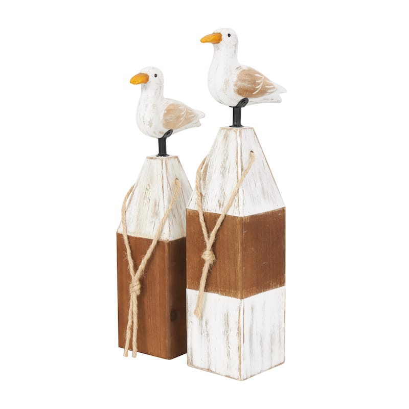 Wooden Bird Sculpture with White Distressed Buoy Posts - Set of 2 Brown - Roche River Decor - 4"W x 6"L x 16"H