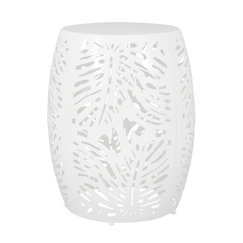Roomfitters Outdoor Metal End Table - Large, Cutout Leaf Design Accent Side Table for Patio, Garden, or Balcony, White