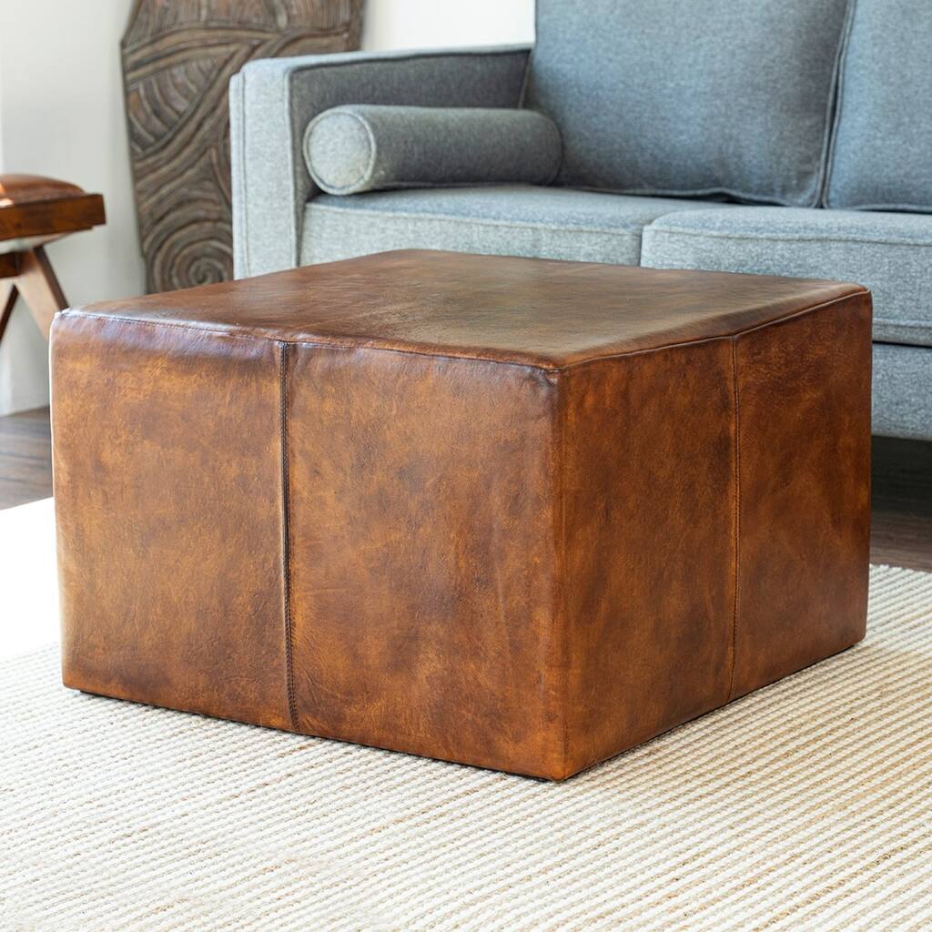 Karissa Mid-Century Modern Genuine Leather Ottoman in Tan