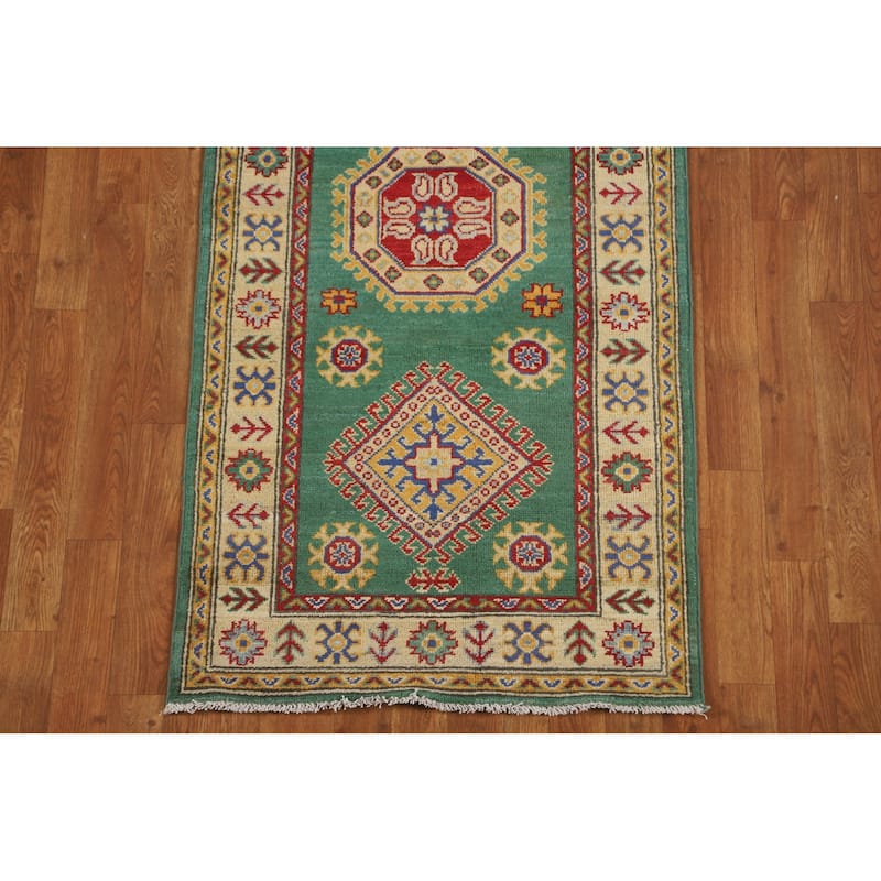 Green Kazak Runner Rug Hand-Knotted Geometric Wool Carpet - 2'7" x 16'2"