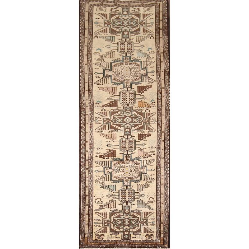 Beige Ardebil Vintage Persian Runner Rug Handmade Tribal Wool Carpet - 2'10" x 9'5"