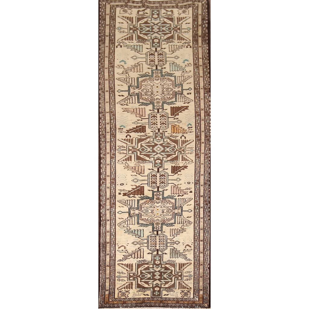 Beige Ardebil Vintage Persian Runner Rug Handmade Tribal Wool Carpet - 2'10" x 9'5"