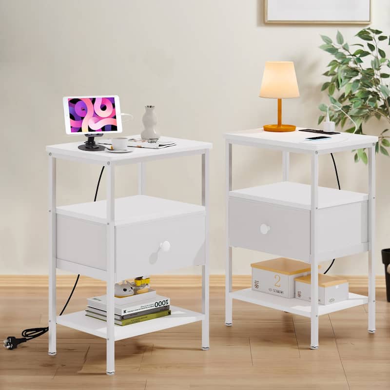 VECELO Nightstand Set with Charging Station 2 AC Outlets & 2 USB Ports 24-Inch High nightstand with Fabric Drawer 2 Open Shelves - White
