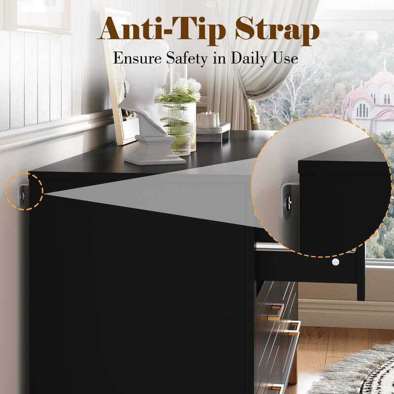 Rossetta 6-Drawer Mid-Century Modern Ribbed Lines Double Dresser Cabinet with Solid Wood Legs and Metal Handles