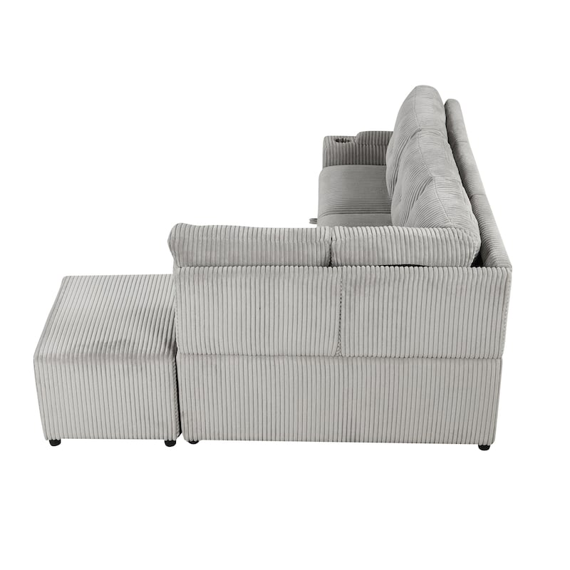 94" Corduroy Sectional Sofa Bed with Ottoman, Storage & USB Ports