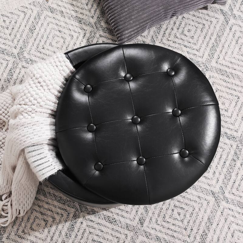 Adeco 17" Faux Leather Round Storage Ottoman with Tufted