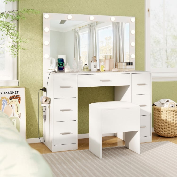 White Vanity Set with LED Lighted Mirror Charging Station, Storage and Modern Design - 43.5" x 16" x 53"
