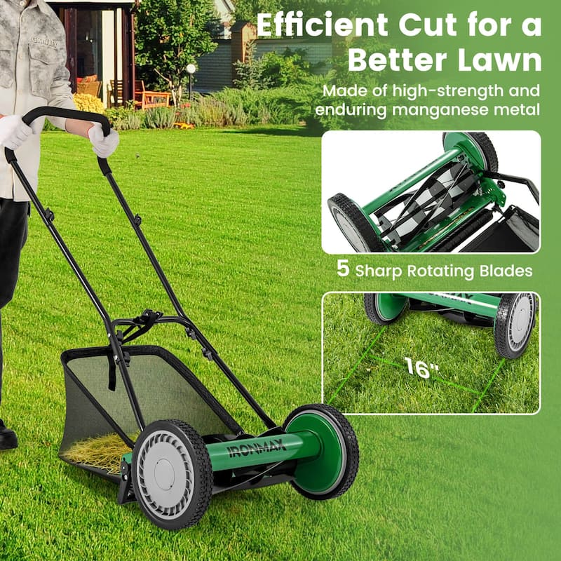 Ironmax 16" Push Lawn Mower with 5-Blade 6.9 Gallon Removable Grass - See Details