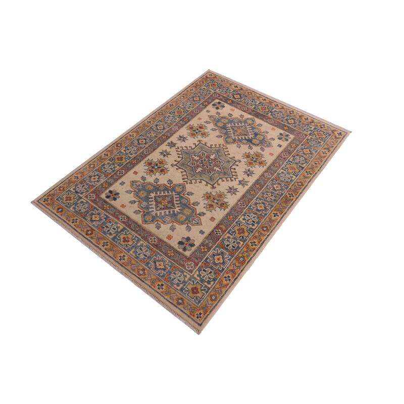 Southwestern Kazak Rory Beige/Light Blue Wool Rug - 3'3'' x 4'10''