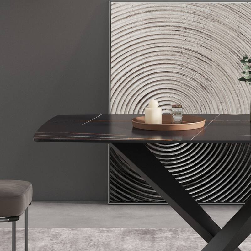 63"Modern artificial stone black curved black metal leg dining table -6 people