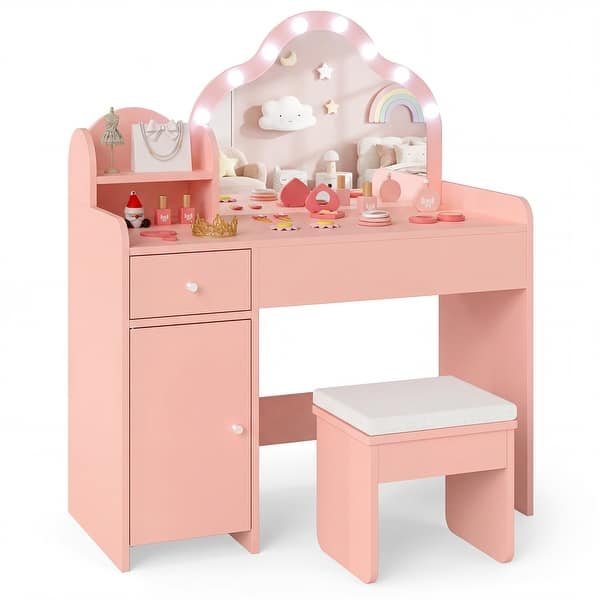 slide 2 of 10, Gymax Kids Vanity Set Princess Pretend Play Makeup Desk w/ Cute Pink