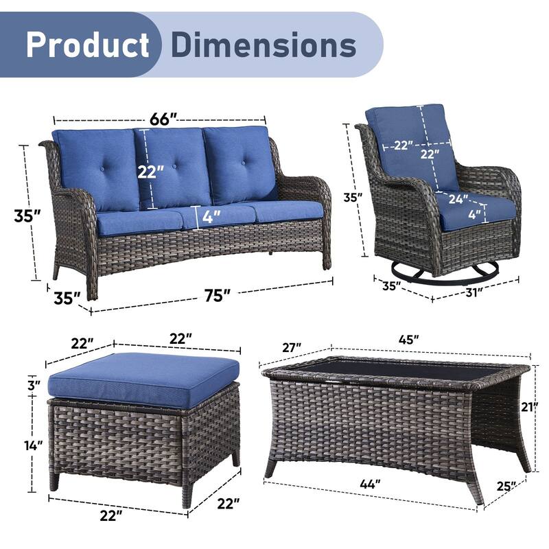 Pocassy Outdoor 6 Pieces 3-Seat Sofa Swivel Chairs Table Ottoman