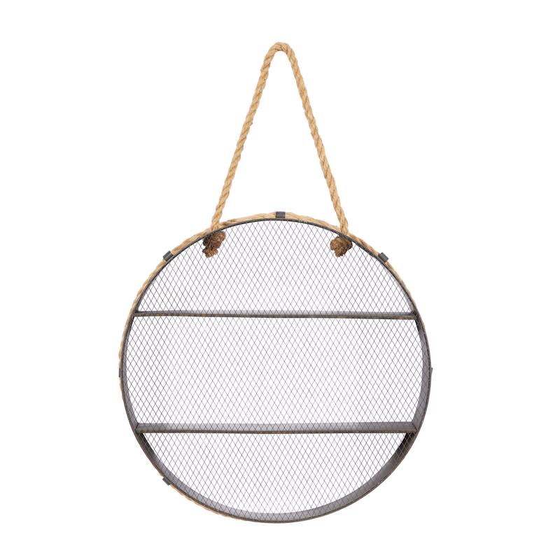 Metal Round 2 Shelves Wall Shelf with Hanging Rope - Black - Roche River Decor - 6"W x 24"L x 24"H