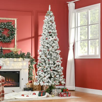 HOMCOM 6' 7.5' 9' Pencil Snow Flocked Artificial Christmas Tree, Green