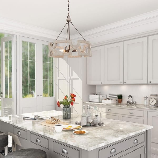 French Country 3-light Drum Wood Pendant Light Candle White ...