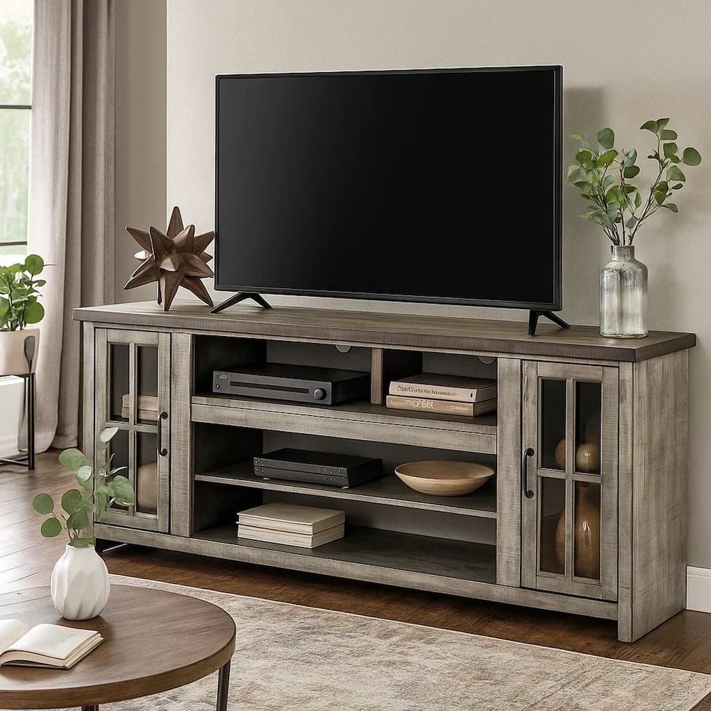 Gery TV Media Entertainment Console, 76 Inch, 2 Cabinets, Gray Brown Mahogany