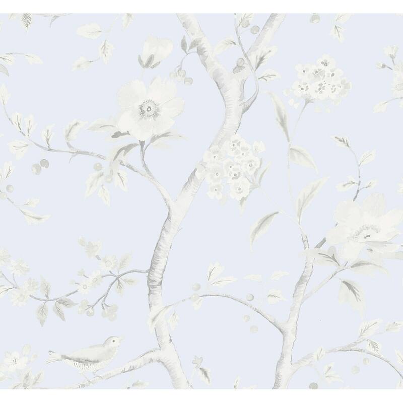 Seabrook Designs Lillian August Southport Floral Trail Unpasted Wallpaper - 27 in. W x 27 ft. L - Blue Frost and Cove Gray