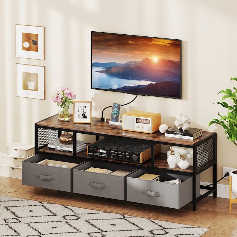55" Entertainment Unit with Power Outlets Storage Drawers and Wood Grain Finish for Bedroom or Living Room - 55" x 16" x 19.5"