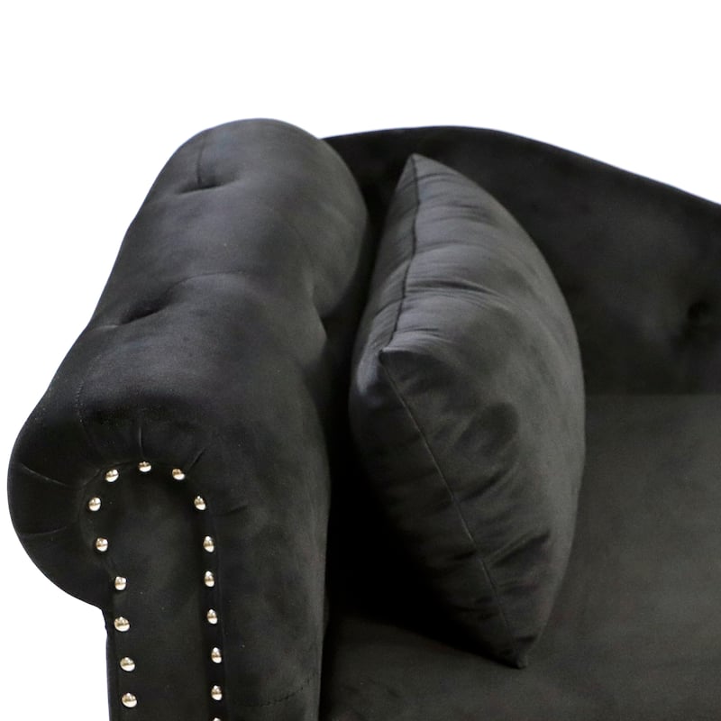 Black Modern 58.26" Velvet Upholstered Buttons Tufted Chaise Lounge Chair with Storage and Wood Legs