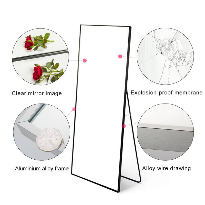 Tempered mirror Full Length Mirror with Stand, Black Wall Mounting Full