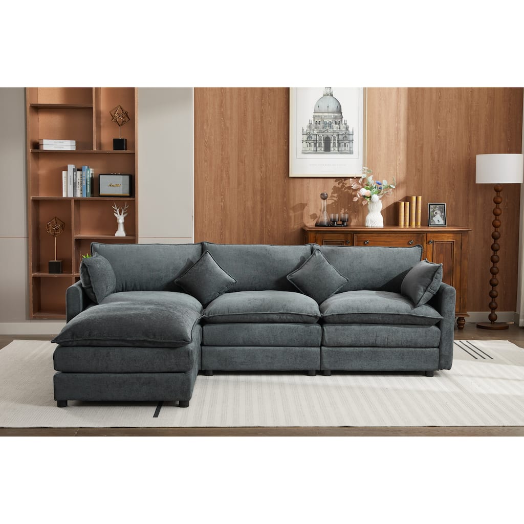 L-Shaped Modular Sectional Sofa with Removable Ottoman, Chenille Upholstered 3-Seater Sofa, Deep Seat Sofa with Pillows