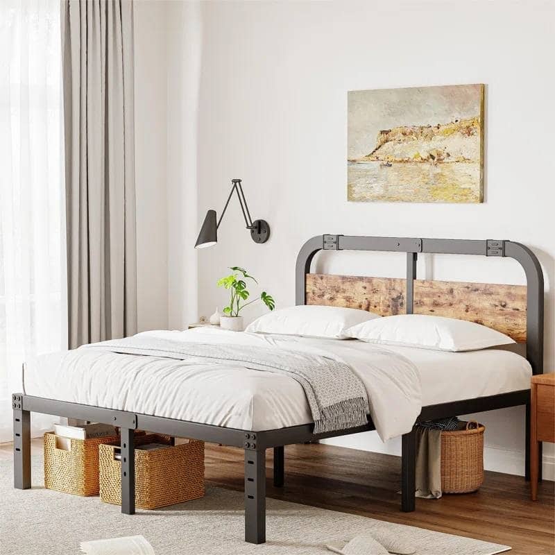 Black Metal Platform Bed Frame with Rustic Wood Headboard and Strong Steel Slats Under Bed Storage - Queen