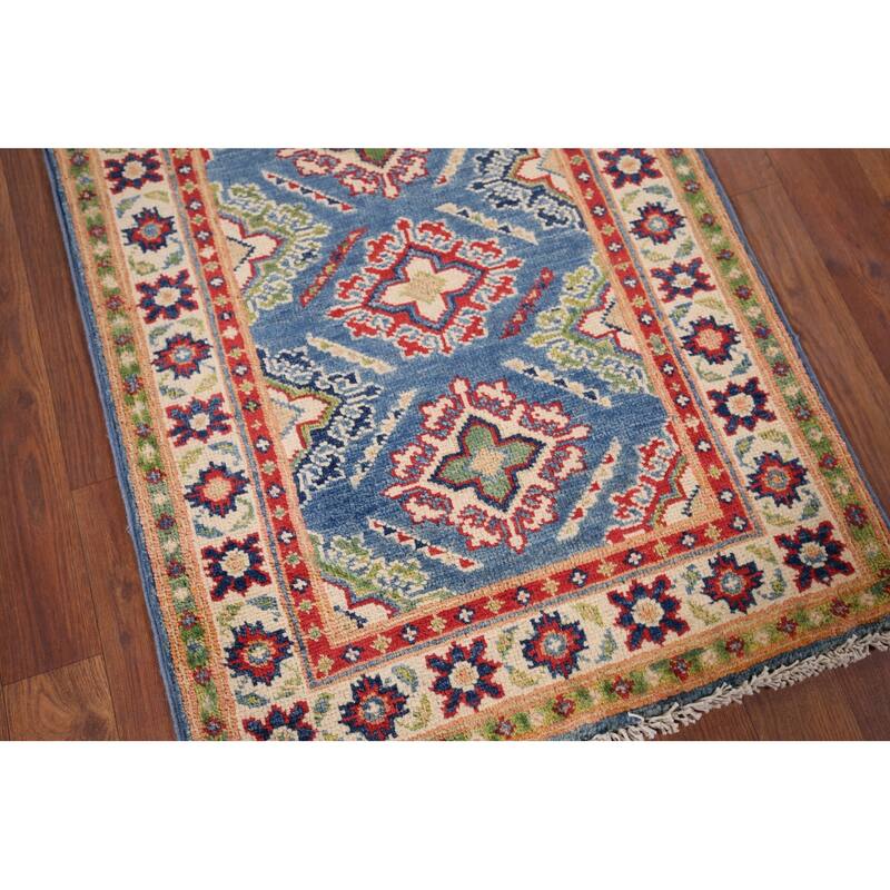 Blue Geometric Kazak Rug Handmade Oriental Wool Carpet - 2'1" x 2'10"
